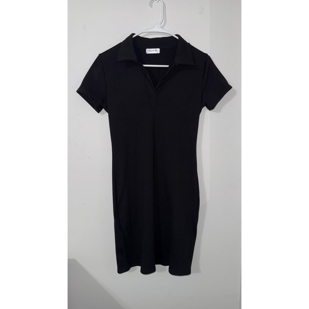 Popular 21 Black Ribbed Polo Dress Short Sleeve V-Neck Mini Bodycon NWOT, size L